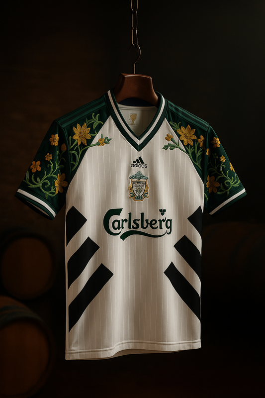 Liverpool retro jersey hand embroidered with yellow floral motifs by Kora Sakura.